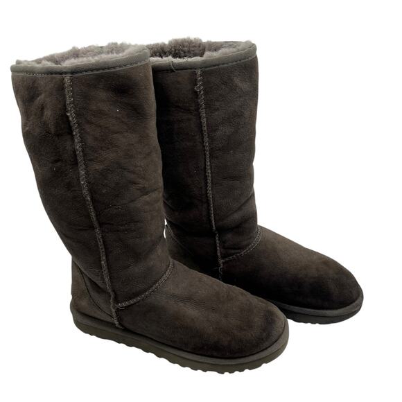 UGG Australia Classic Suede Tall Shearling Fur Boots Gray Pull On Size 7 Cozy - Picture 10 of 16